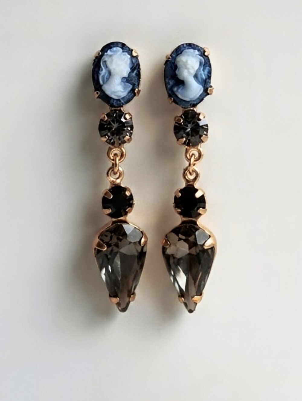 Classic Victorian Cameo And Black Diamond Crystals In Drop Gold Plated Earrings